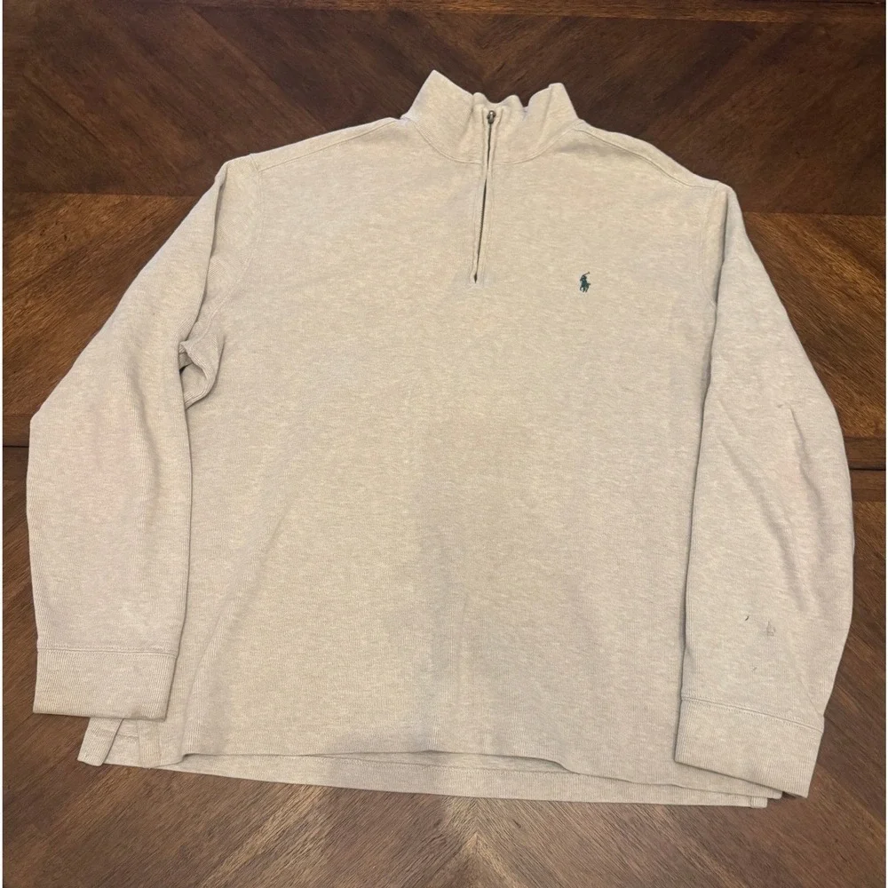 Polo Ralph Lauren Mens XL‎ Quarter Zip Pullover Tan Cotton Sweater Heather Logo